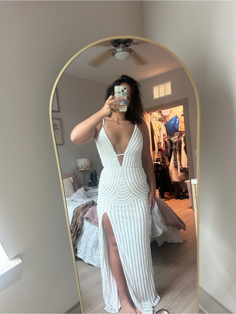 SCALA Beaded Ivory Formal Gown Size 4 | Open Back | Bodycon